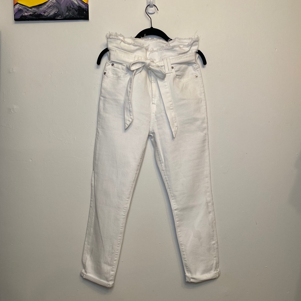 7 jeans, white mom jean with tie waistband